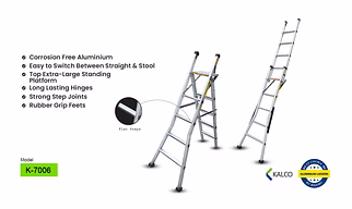 Multipurpose Wall Supporting & Stool Type Foldable Aluminium Ladder, Flat Steps (Model: K-7006, Height: 4ft + 8ft in Medium )