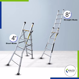 kalco multipurpose wall supporting & stool type foldable aluminium ladder, flat steps (model: k-7006, height: 4ft + 8ft in heavy )