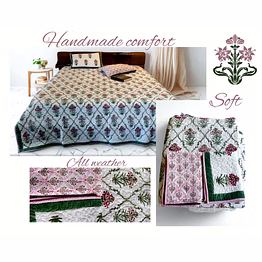 hand block printed quilted cotton bedcover set: floral web design in organic home furnishing