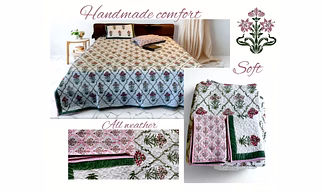 Hand Block Printed Quilted Cotton Bedcover Set: Floral web Design in organic home furnishing