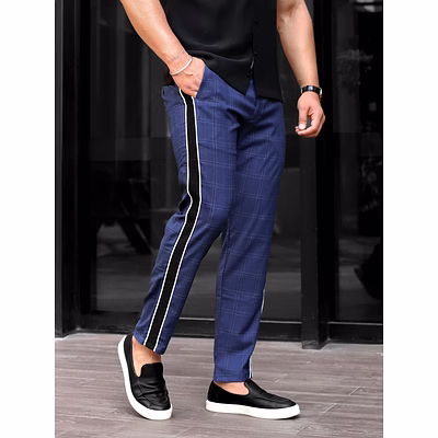 blue side tape check pants