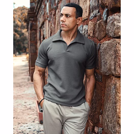 grey johnny collar textured polo