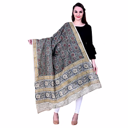 kalamkari hand block printed cotton dupatta with floral & traditional motifs