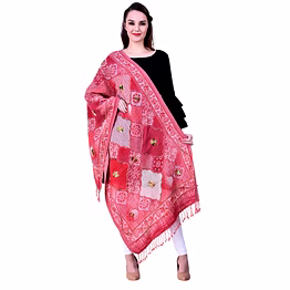red patchwork style modal wool dupatta with embroidered floral accents