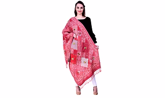 Red Patchwork Style Modal Wool Dupatta with Embroidered Floral Accents