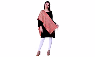 Red and Beige Ornate Shawl in Modal Wool with Traditional Fringed Detailing