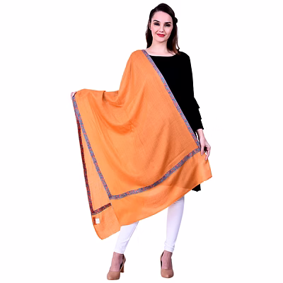 orange modal wool dupatta with blue and red embroidered border accents