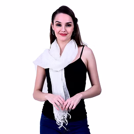 white sheer scarf with fringed edges styled over casual wear