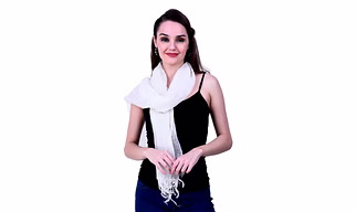 White Sheer Scarf with Fringed Edges Styled over Casual Wear
