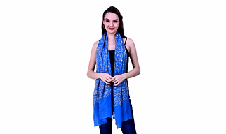 Blue Modal Wool Scarf with Golden Floral and Paisley Embroidery Draped Over Sleeveless Black Top and Casual Denim