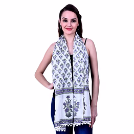 white cotton scarf with purple-green floral print, ornate border, and tassel finish