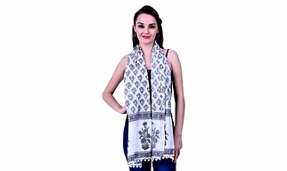 White Cotton Scarf with Purple-Green Floral Print, Ornate Border, and Tassel Finish