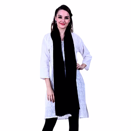 black cotton scarf with long drape and tassel detailing worn over white embroidered kurta ensemble