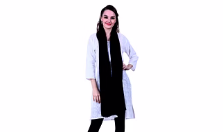 Black Cotton Scarf with Long Drape and Tassel Detailing Worn Over White Embroidered Kurta Ensemble