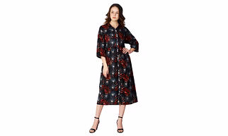 Abstract Floral Printed Black Button-Down Dress with Three-Quarter Sleeves and Mid-Calf Length