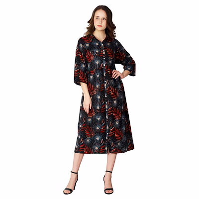 abstract floral printed black button-down dress with three-quarter sleeves and mid-calf length