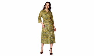 Yellow and Blue Cotton Dress with Symmetrical Pattern, Button-Down Front, and Three-Quarter Sleeves