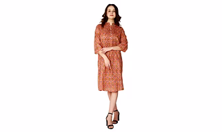 Multicolored Cotton Dress with Symmetrical Block Print, Button-Down Front, and Three-Quarter Sleeves