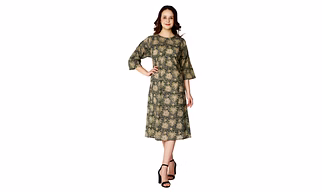 Green-Beige Floral Cotton Dress with Round Neckline, Three-Quarter Sleeves, and Black Sandal Styling