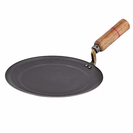 rby heavy base pure iron tawa for roti chapati & all indian flatbreads handcrafted tava with smooth edges, strong riveted wooden handle durable metal spoon friendly even heat distribution - 9.5 inch