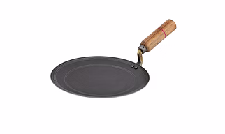 RBY Heavy Base Pure Iron Tawa for Roti Chapati & All Indian Flatbreads Handcrafted Tava with Smooth Edges, Strong Riveted Wooden Handle Durable Metal Spoon Friendly Even Heat Distribution - 9.5 Inch