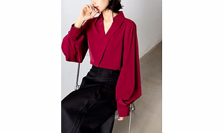 Elegant High-Grade Ankela Long-Sleeved Red Shirt Women's Fashionable Stylish Commuter Chiffon V-neck Large Lantern Sleeve Top
