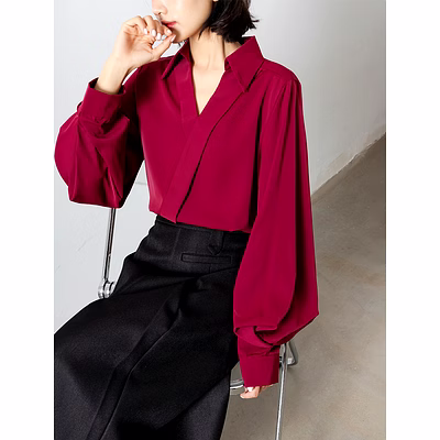 elegant high-grade ankela long-sleeved red shirt women's fashionable stylish commuter chiffon v-neck large lantern sleeve top