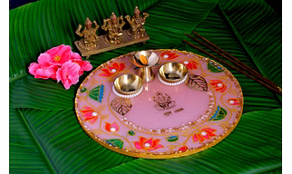 Designer Pink Resin Pooja Plate with Glass Artwork for Indian Rituals
