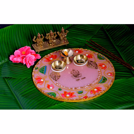 Designer Pink Resin Pooja Plate with Glass Artwork for Indian Rituals-12733793