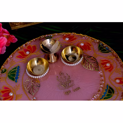 Designer Pink Resin Pooja Plate with Glass Artwork for Indian Rituals-2