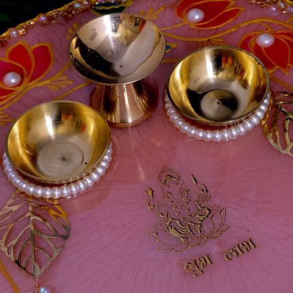 Designer Pink Resin Pooja Plate with Glass Artwork for Indian Rituals-1