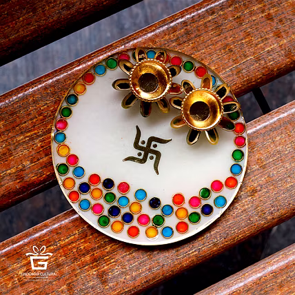 White Designer Pooja Thali with Glass painting Metal Ring-1