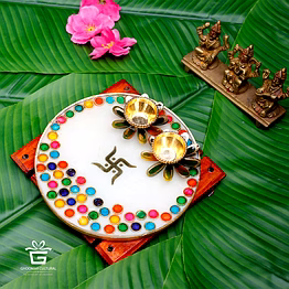 white designer pooja thali with glass painting metal ring