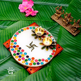 White Designer Pooja Thali with Glass painting Metal Ring