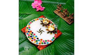White Designer Pooja Thali with Glass painting Metal Ring