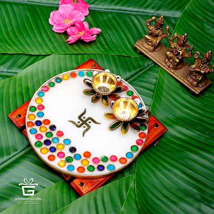 White Designer Pooja Thali with Glass painting Metal Ring-12738123