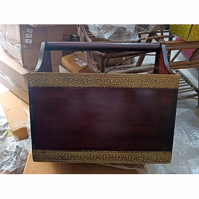 wooden magazine basket panel brass fitted