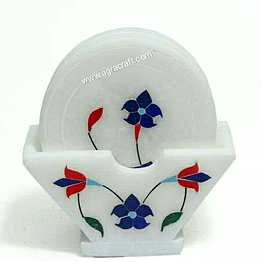 handcrafted white marble coaster with floral inlay work – elegant stone drink coaster | decorative marble tableware from india