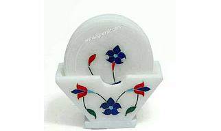 Handcrafted White Marble Coaster with Floral Inlay Work – Elegant Stone Drink Coaster | Decorative Marble Tableware from India