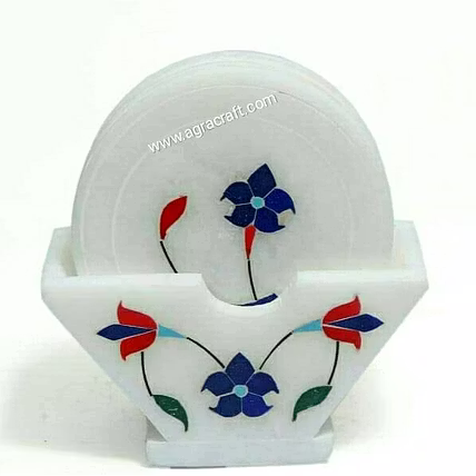 Handcrafted White Marble Coaster with Floral Inlay Work – Elegant Stone Drink Coaster | Decorative Marble Tableware from India-12760161