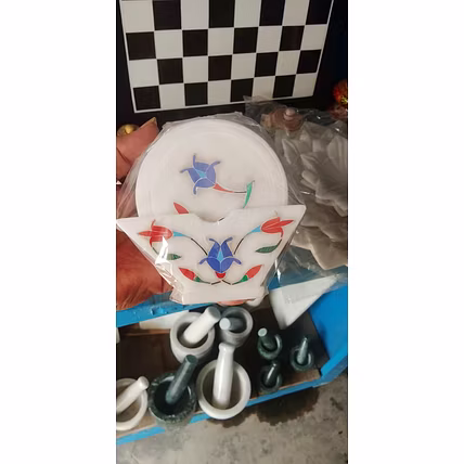Luxury White Marble Coaster with Hand-Inlaid Blue Floral Artwork – Indian Stone Craft | Premium Table Decor-12760165