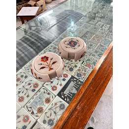 triloki artisan-made white marble coaster with intricate stone inlay – handmade drinkware accessory from india