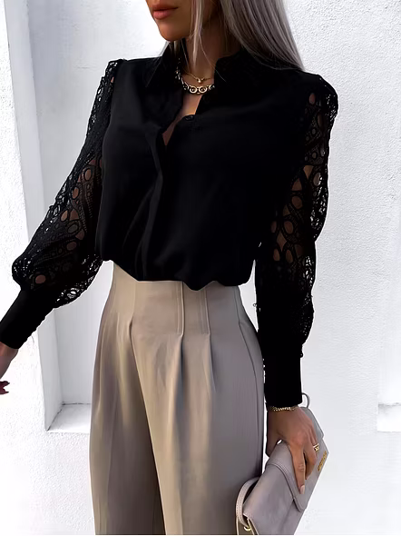 Black and White Grace Lace Sleeve Shirt-Black