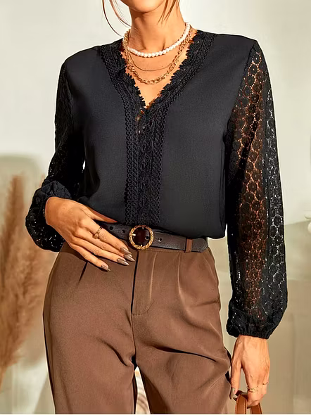 Black Lace Sleeve Formal Shirt – Elegant Women's Office & Party Wear