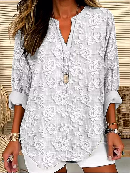 Elegant Floral Embroidered Lace Blouse for Women – Casual Chic Long Sleeve Tunic Top