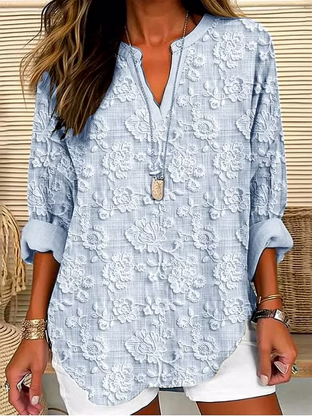Elegant Floral Embroidered Lace Blouse for Women – Casual Chic Long Sleeve Tunic Top-Snow White