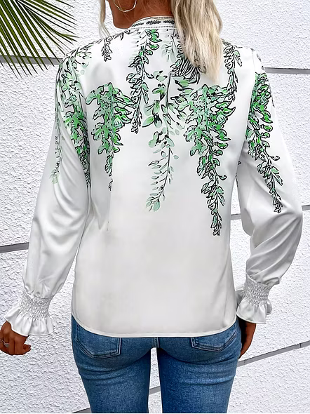 Women's Stylish Digital Print V-Neck Tops – Green Leaf &amp; Blue Botanical Designs-Green