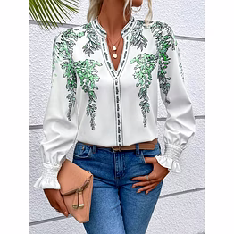 women's stylish digital print v-neck tops – green leaf & blue botanical designs