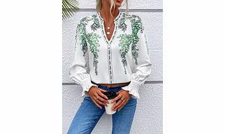 Women's Stylish Digital Print V-Neck Tops – Green Leaf & Blue Botanical Designs