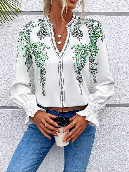 Women's Stylish Digital Print V-Neck Tops – Green Leaf & Blue Botanical Designs